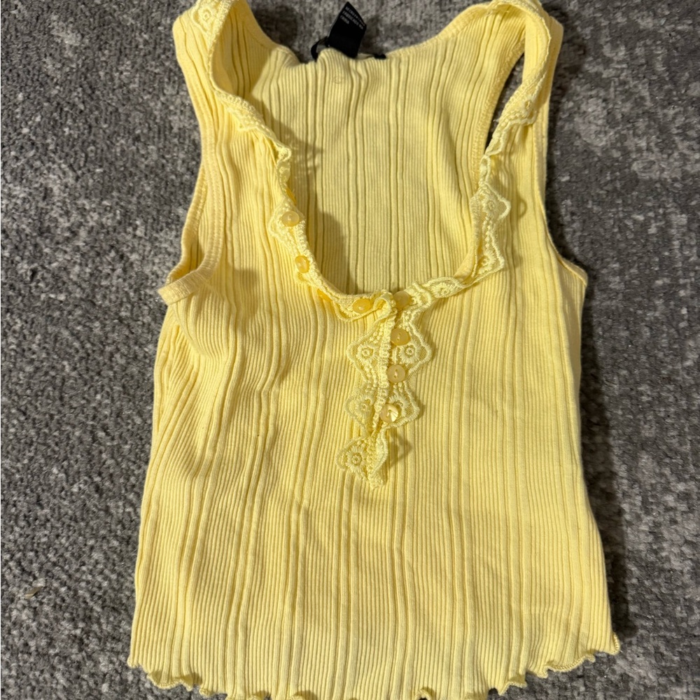 Yellow Lace Trim Ribbed Tank Top